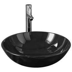 vidaXL Badezimmer Waschbecken mit Wasserhahn und Ablaufgarnitur Schwarz gehärtetes Glas