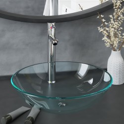 vidaXL Waschbecken mit Wasserhahn und Ablaufgarnitur aus gehärtetem Klarglas
