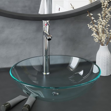 vidaXL Waschbecken mit Wasserhahn und Ablaufgarnitur aus gehärtetem Klarglas