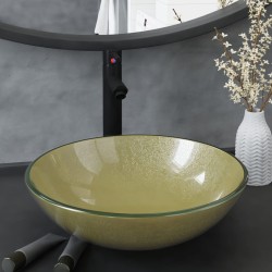 vidaXL Badezimmer Waschbecken mit Wasserhahn und Ablaufgarnitur Gold gehärtetes Glas