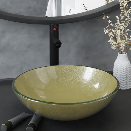 vidaXL Badezimmer Waschbecken mit Wasserhahn und Ablaufgarnitur Gold gehärtetes Glas