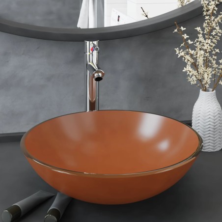 vidaXL Badezimmer Waschbecken mit Wasserhahn und Ablaufgarnitur Braun Gehärtetes Glas