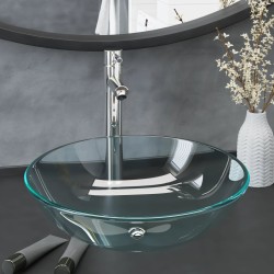 vidaXL Waschbecken mit Wasserhahn und Ablaufgarnitur aus gehärtetem Klarglas