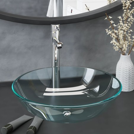 vidaXL Waschbecken mit Wasserhahn und Ablaufgarnitur aus gehärtetem Klarglas