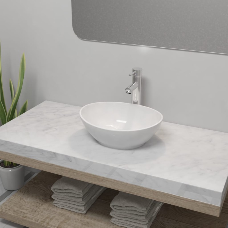 vidaXL Bad-Waschbecken mit Mischbatterie Keramik Oval Weiß vidaXL Bad-Waschbecken mit Mischbatterie Keramik Oval Weiß