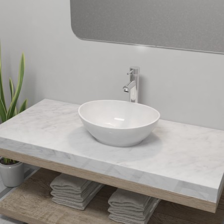 vidaXL Bad-Waschbecken mit Mischbatterie Keramik Oval Weiß