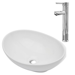 vidaXL Bad-Waschbecken mit Mischbatterie Keramik Oval Weiß