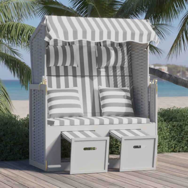 vidaXL Strandkorb mit Kissen Poly Rattan und Massivholz Grau & Weiß vidaXL Strandkorb mit Kissen Poly Rattan und Massivholz Grau & Weiß