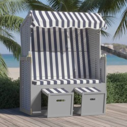 vidaXL Strandkorb mit Dach Poly Rattan und Massivholz Blau & Weiß