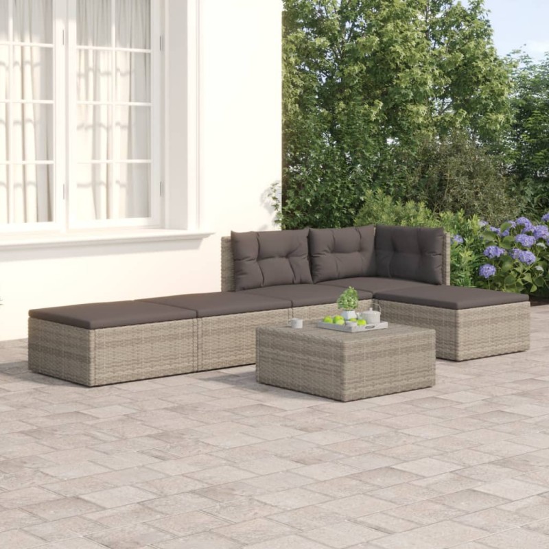 vidaXL 5-tlg. Garten-Lounge-Set mit Kissen Grau Poly Rattan vidaXL 5-tlg. Garten-Lounge-Set mit Kissen Grau Poly Rattan