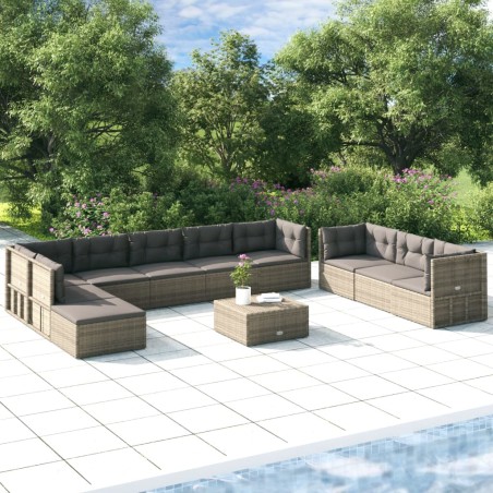 vidaXL 10-tlg. Garten-Lounge-Set mit Kissen Grau Poly Rattan