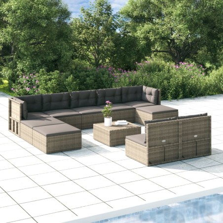 vidaXL 10-tlg. Garten-Lounge-Set mit Kissen Grau Poly Rattan
