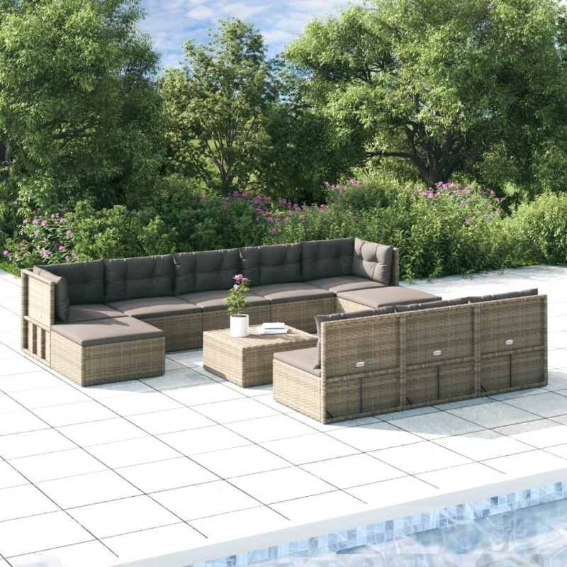 vidaXL 10-tlg. Garten-Lounge-Set mit Kissen Grau Poly Rattan vidaXL 10-tlg. Garten-Lounge-Set mit Kissen Grau Poly Rattan