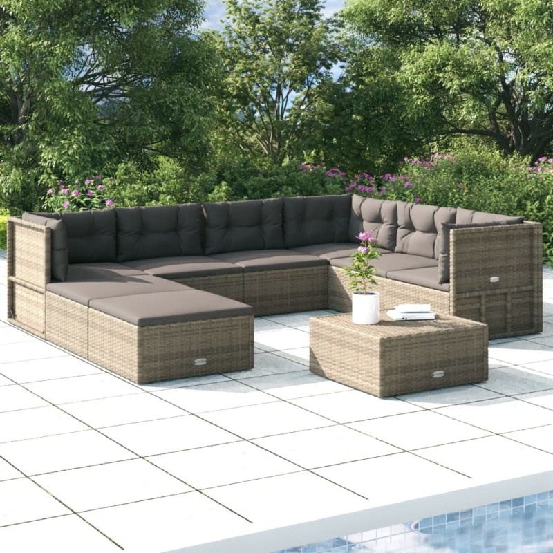 vidaXL 8-tlg. Garten-Lounge-Set mit Kissen Grau Poly Rattan vidaXL 8-tlg. Garten-Lounge-Set mit Kissen Grau Poly Rattan