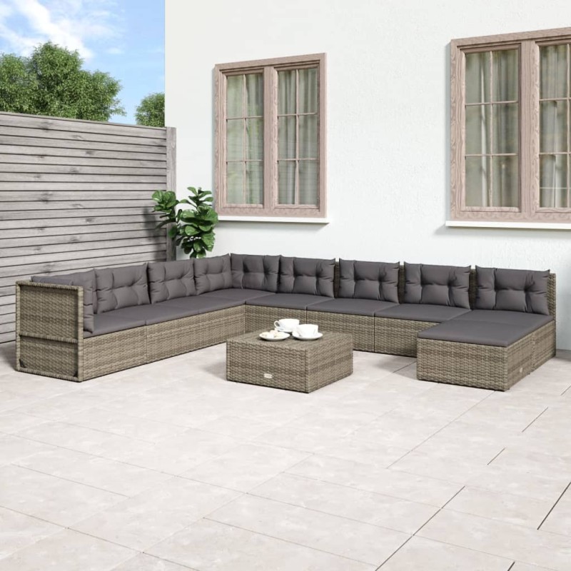 vidaXL 9-tlg. Garten-Lounge-Set mit Kissen Grau Poly Rattan vidaXL 9-tlg. Garten-Lounge-Set mit Kissen Grau Poly Rattan