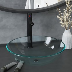 vidaXL Waschbecken mit Wasserhahn und Ablaufgarnitur aus gehärtetem Klarglas