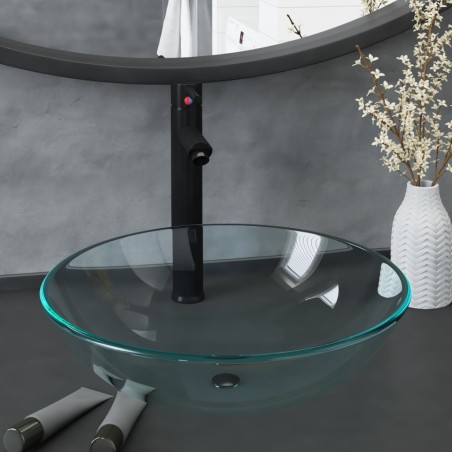 vidaXL Waschbecken mit Wasserhahn und Ablaufgarnitur aus gehärtetem Klarglas