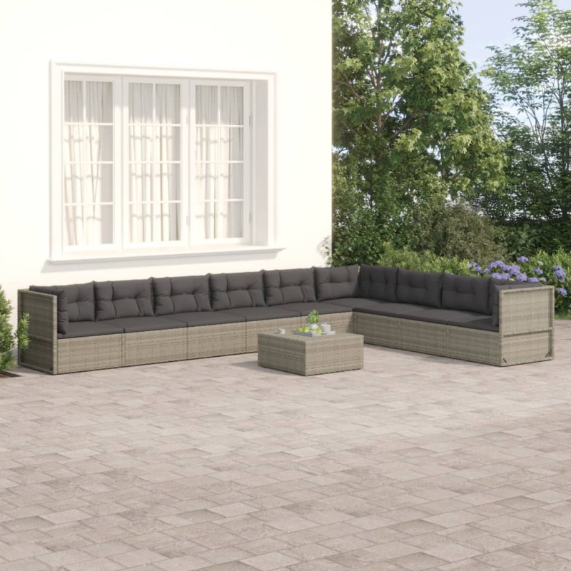 vidaXL 9-tlg. Garten-Lounge-Set mit Kissen Grau Poly Rattan vidaXL 9-tlg. Garten-Lounge-Set mit Kissen Grau Poly Rattan