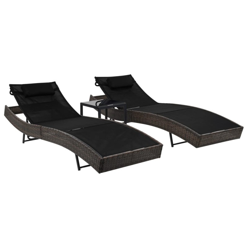 Sonnenliegen 2 Stk. mit Tisch Poly Rattan und Textilene Braun Sonnenliegen 2 Stk. mit Tisch Poly Rattan und Textilene Braun