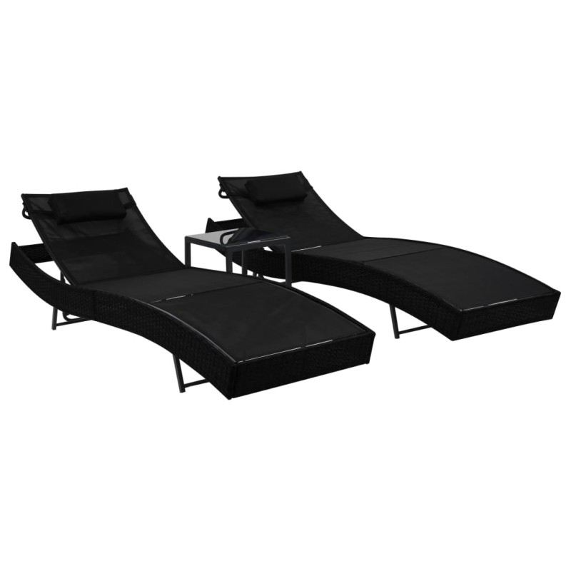 vidaXL Sonnenliegen 2 Stk. mit Tisch Poly Rattan und Textilene Schwarz vidaXL Sonnenliegen 2 Stk. mit Tisch Poly Rattan und Textilene Schwarz