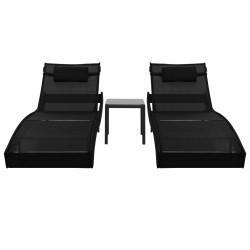 vidaXL Sonnenliegen 2 Stk. mit Tisch Poly Rattan und Textilene Schwarz