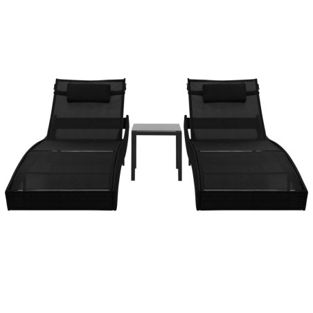 vidaXL Sonnenliegen 2 Stk. mit Tisch Poly Rattan und Textilene Schwarz