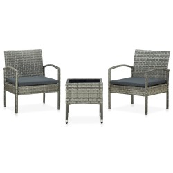 3-tlg. Bistro-Set mit Sitzkissen Poly Rattan Grau