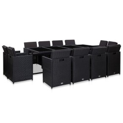 13-tlg. Garten-Essgruppe mit Auflagen Poly Rattan Schwarz