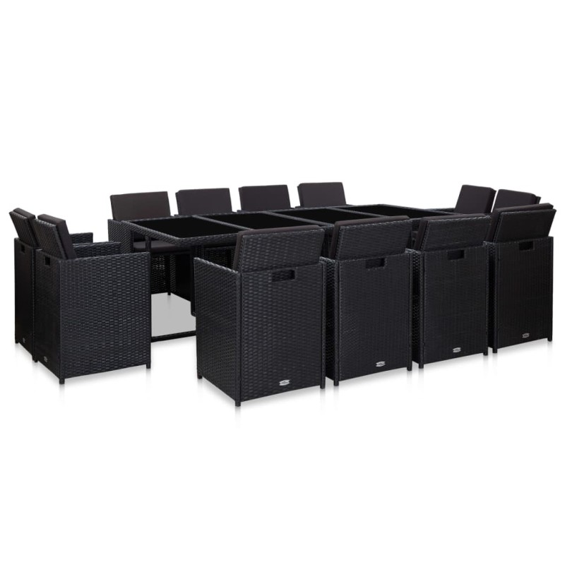 13-tlg. Garten-Essgruppe mit Auflagen Poly Rattan Schwarz