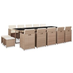 15-tlg. Garten-Essgruppe mit Auflagen Poly Rattan Beige