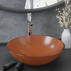 vidaXL Badezimmer Waschbecken mit Wasserhahn und Ablaufgarnitur Braun Gehärtetes Glas