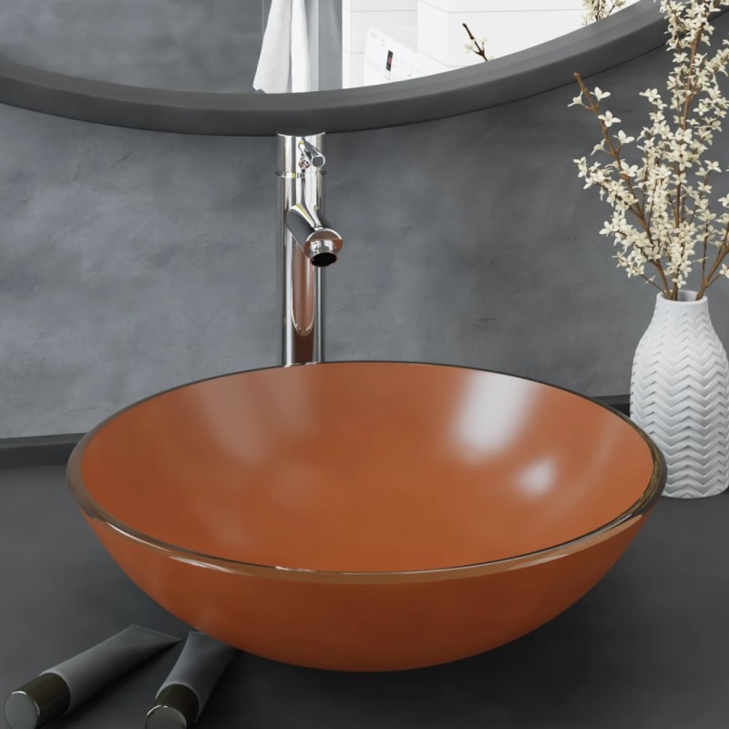 vidaXL Badezimmer Waschbecken mit Wasserhahn und Ablaufgarnitur Braun Gehärtetes Glas vidaXL Badezimmer Waschbecken mit Wasserhahn und Ablaufgarnitur Braun Gehärtetes Glas