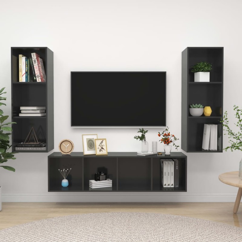 vidaXL 3-tlg. TV-Schrank-Set Hochglanz-Grau Holzwerkstoff vidaXL 3-tlg. TV-Schrank-Set Hochglanz-Grau Holzwerkstoff
