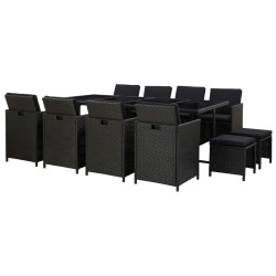 13-tlg. Garten-Essgruppe mit Auflagen Poly Rattan Schwarz