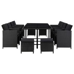 13-tlg. Garten-Essgruppe mit Auflagen Poly Rattan Schwarz