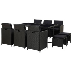 11-tlg. Garten-Essgruppe mit Auflagen Poly Rattan Schwarz