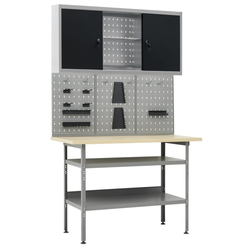 vidaXL Werkbank mit 3 Werkzeugwänden und 1 Wandschrank vidaXL Werkbank mit 3 Werkzeugwänden und 1 Wandschrank