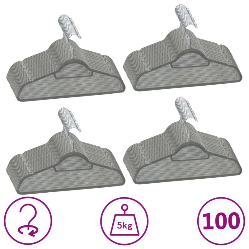 vidaXL 100 Stk. Kleiderbügel-Set Anti-Rutsch Grau Samt vidaXL 100 Stk. Kleiderbügel-Set Anti-Rutsch Grau Samt