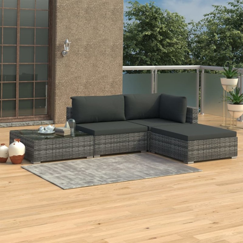 4-tlg. Garten-Lounge-Set mit Auflagen Poly Rattan Grau 4-tlg. Garten-Lounge-Set mit Auflagen Poly Rattan Grau