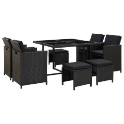 9-tlg. Garten-Essgruppe mit Auflagen Poly Rattan Schwarz