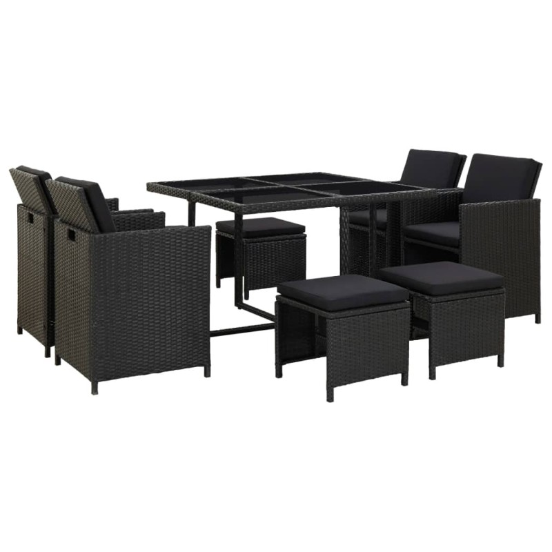 9-tlg. Garten-Essgruppe mit Auflagen Poly Rattan Schwarz 9-tlg. Garten-Essgruppe mit Auflagen Poly Rattan Schwarz