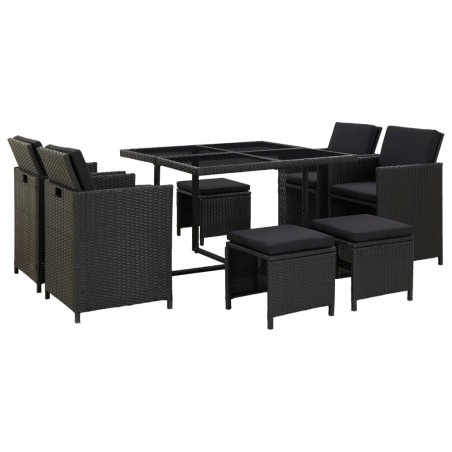 9-tlg. Garten-Essgruppe mit Auflagen Poly Rattan Schwarz