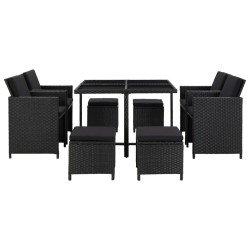 9-tlg. Garten-Essgruppe mit Auflagen Poly Rattan Schwarz