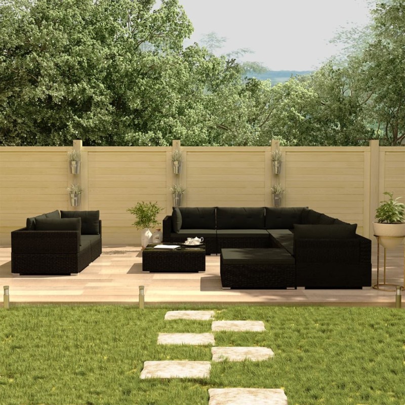 10-tlg. Garten-Lounge-Set mit Auflagen Poly Rattan Schwarz 10-tlg. Garten-Lounge-Set mit Auflagen Poly Rattan Schwarz