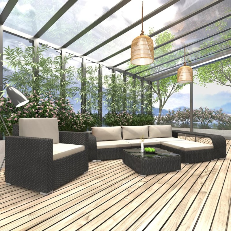 8-tlg. Garten-Lounge-Set mit Auflagen Poly Rattan Schwarz 8-tlg. Garten-Lounge-Set mit Auflagen Poly Rattan Schwarz