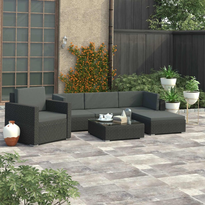 6-tlg. Garten-Lounge-Set mit Auflagen Poly Rattan Schwarz 6-tlg. Garten-Lounge-Set mit Auflagen Poly Rattan Schwarz