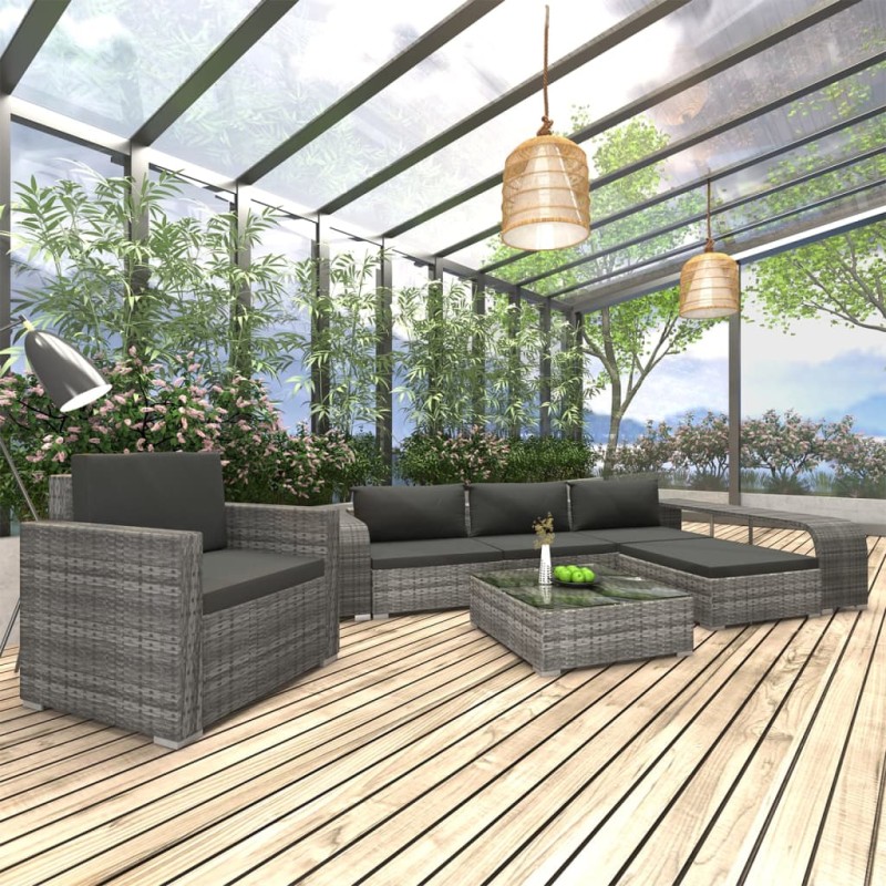 8-tlg. Garten-Lounge-Set mit Auflagen Poly Rattan Grau 8-tlg. Garten-Lounge-Set mit Auflagen Poly Rattan Grau