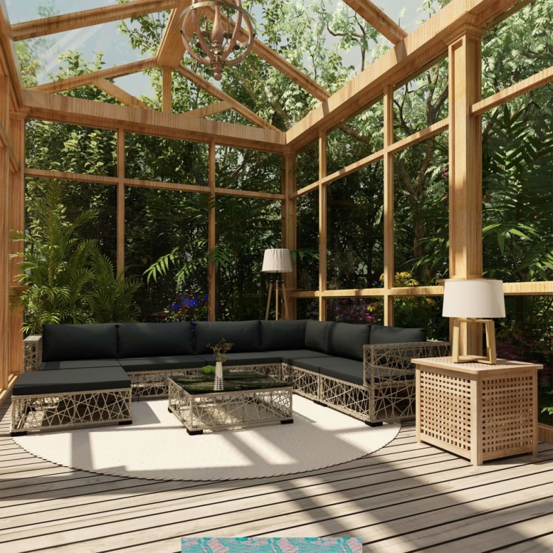 8-tlg. Garten-Lounge-Set mit Auflagen Poly Rattan Grau 8-tlg. Garten-Lounge-Set mit Auflagen Poly Rattan Grau