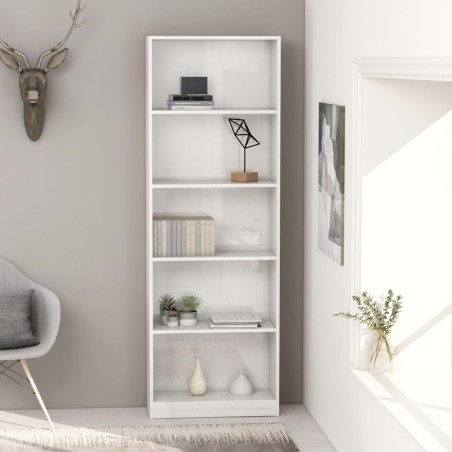 vidaXL Bücherregal 5 Fächer Hochglanz-Weiß 60x24x175 cm Holzwerkstoff