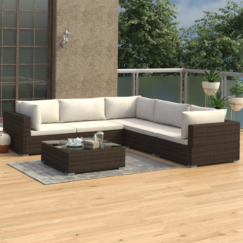 6-tlg. Garten-Lounge-Set mit Auflagen Poly Rattan Braun 6-tlg. Garten-Lounge-Set mit Auflagen Poly Rattan Braun